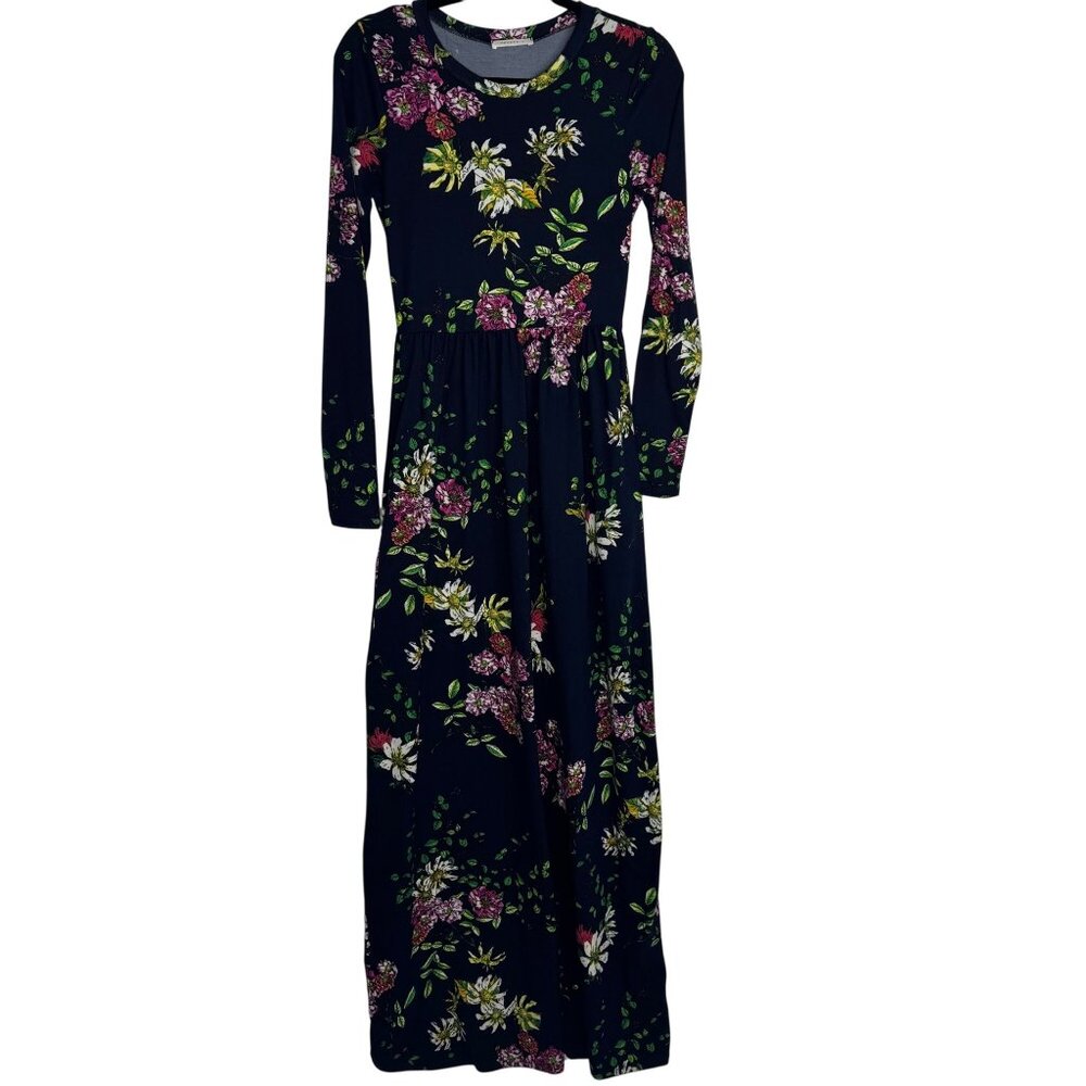 Reborn J Blue Floral Maxi Dress With Pockets Stretchy Bohemian Boho Garden Sz Sm